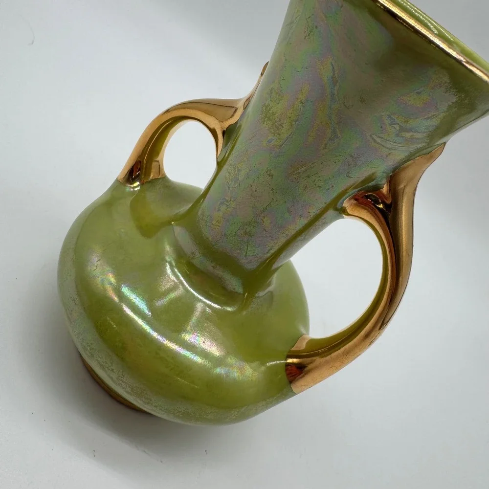 Vintage Pearl China Co Iridescent Green Lustre Vase 22k Gold USA 6x4.5